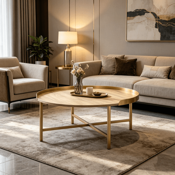 Round Oak Coffee Table with Gold Metal Legs and Raised Tray Top