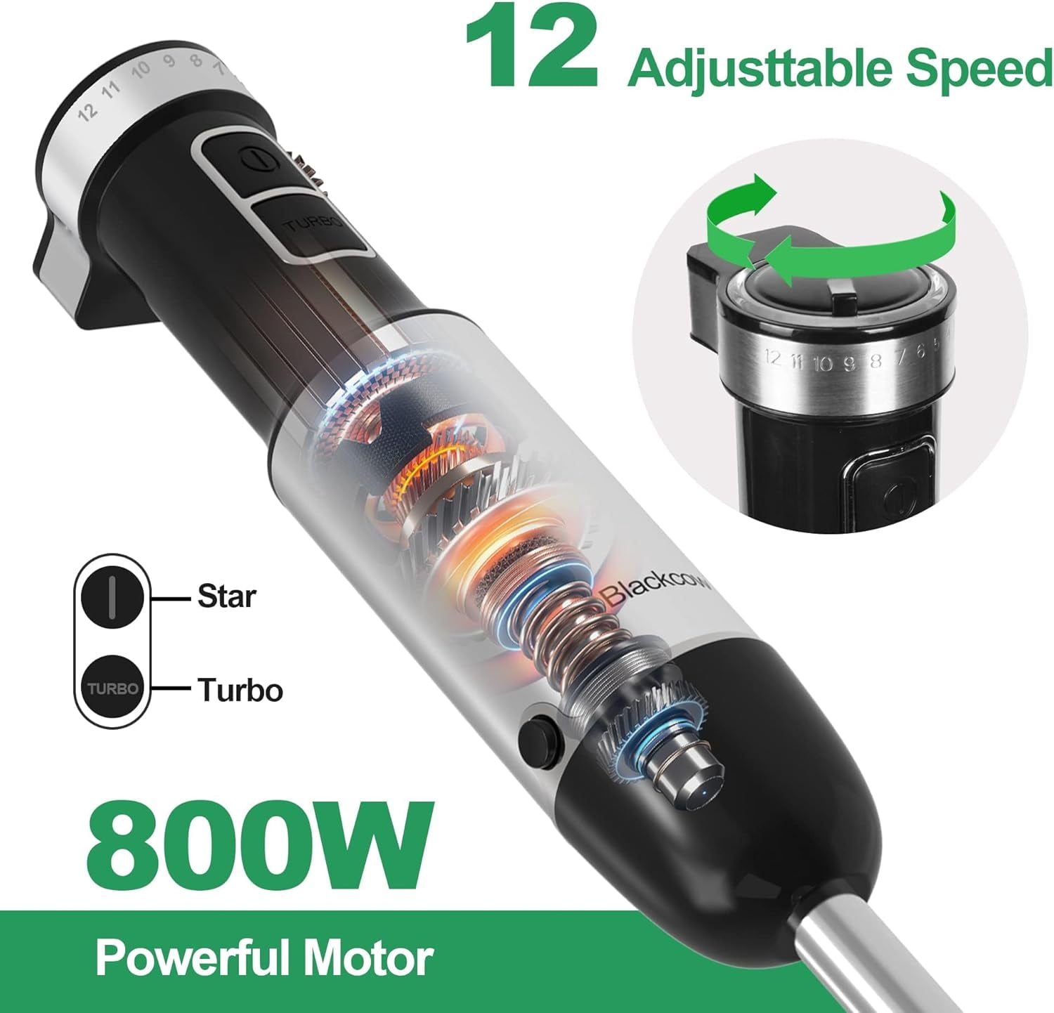 Blackcow Immersion Blender Handheld, 800W Powerful Electric Hand with Titanium Alloy Blades, 12 Speeds & Turbo, Mixer for Smoothies, Soups, Baby Food and Purees