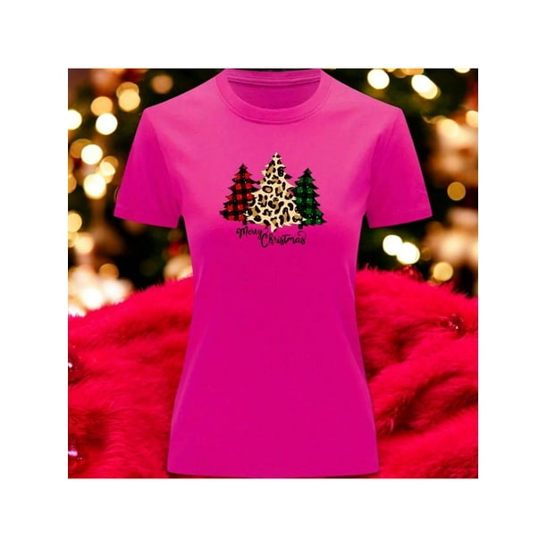 Playera Blusa Con estampado de Pinos De Navidad Merry Christmas Color Fucsia Talla Chica Marca Emil SaEs