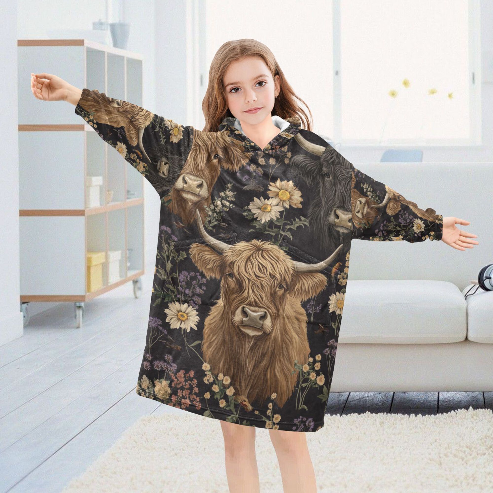 FORMRS Wearable Blanket Hoodie with Sleeves for Kids Cozy Flannel Sweatshirt, Cows and Flowers