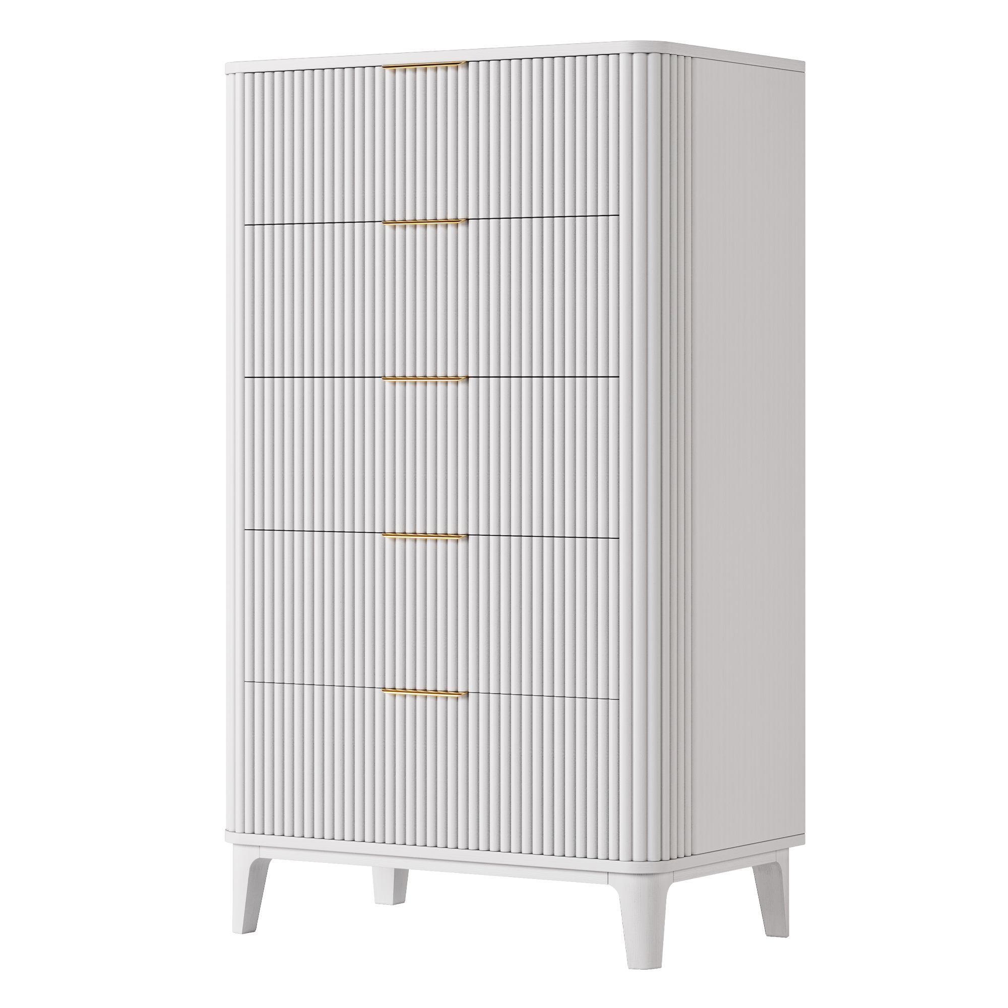 TOKSOM 5 Drawer Dresser, Modern Minimalist Tall Chest of Drawers, White Wood Clothing Organizer with Fluted Design & Gold Handles for Bedroom