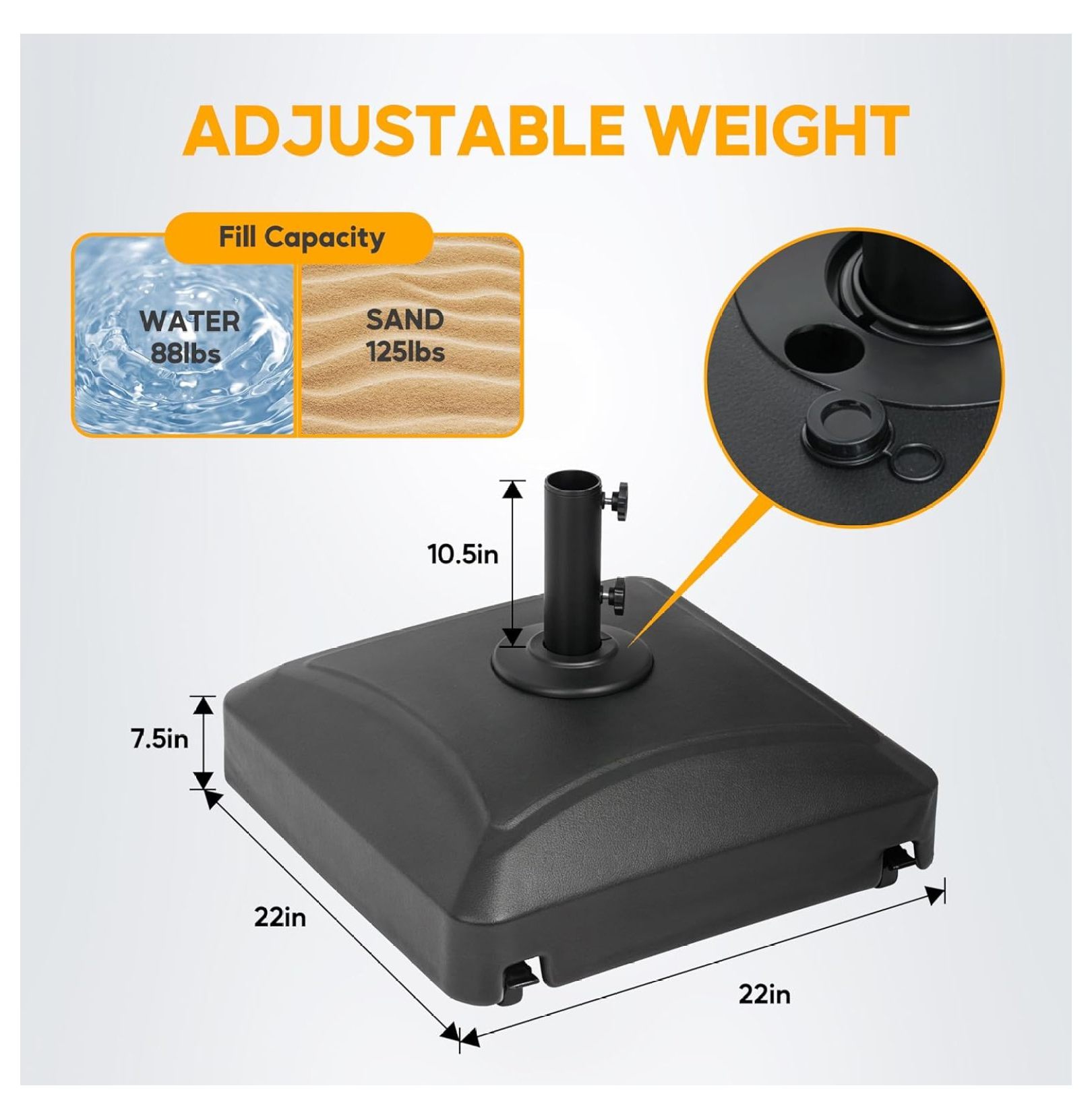 125lb Capacity Fillable Mobile Umbrella Base Heavy Duty Square Stand for Outdoor with 4 Wheels for Patio, Deck, Poolside, Black