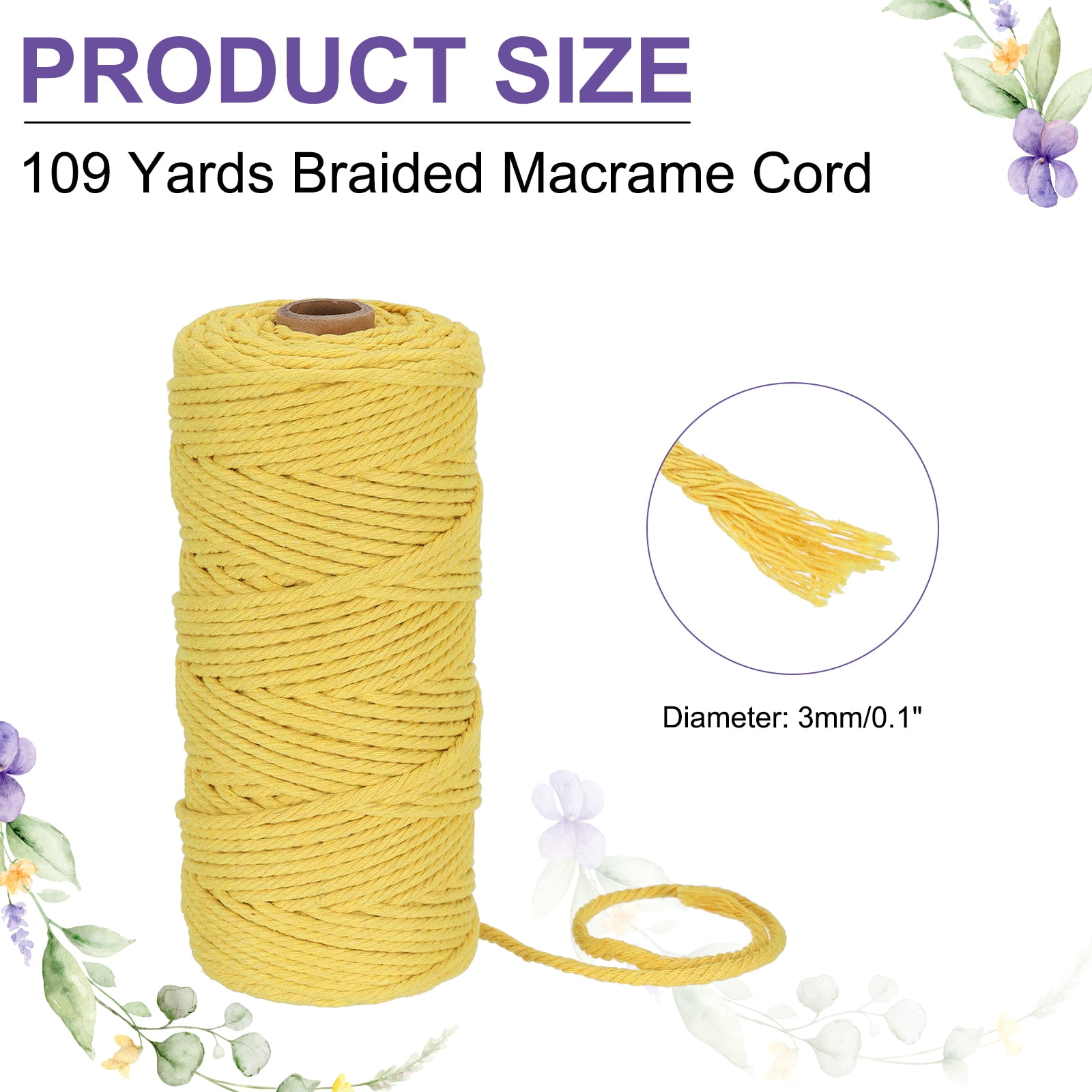 Braided Macrame Cord, 3mm x 109 Yards Natural Cotton Rope Macrame Yarn Bohemia Craft String with Scissors(Yellow)