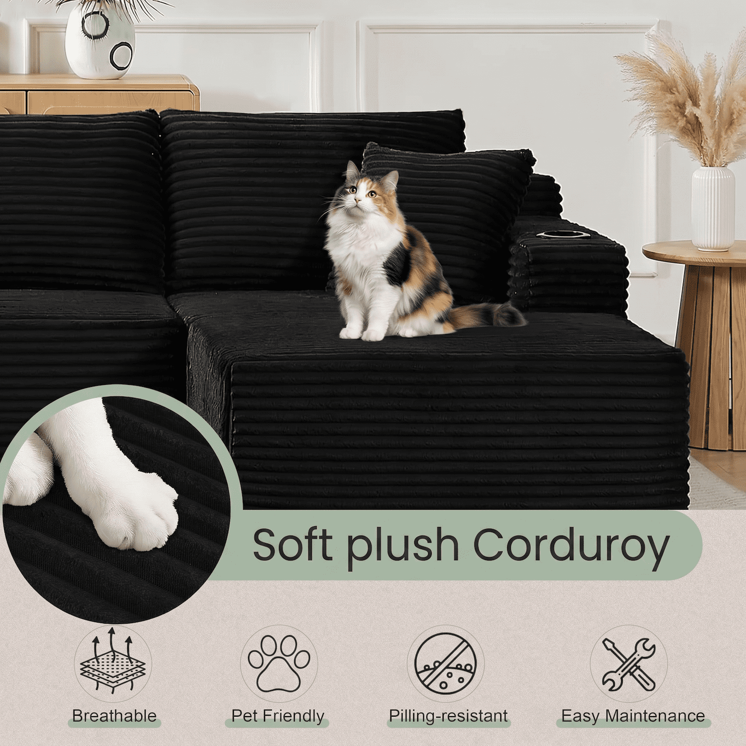 Xiweot Cloud Couch Modular Sectional Sofa for Living Room, 134" Oversized U Shaped Boneless Couch with Cup Holder & Storage Pocket, Corduroy Comfy Upholstered Deep Seat Sofa for Apartment, Black