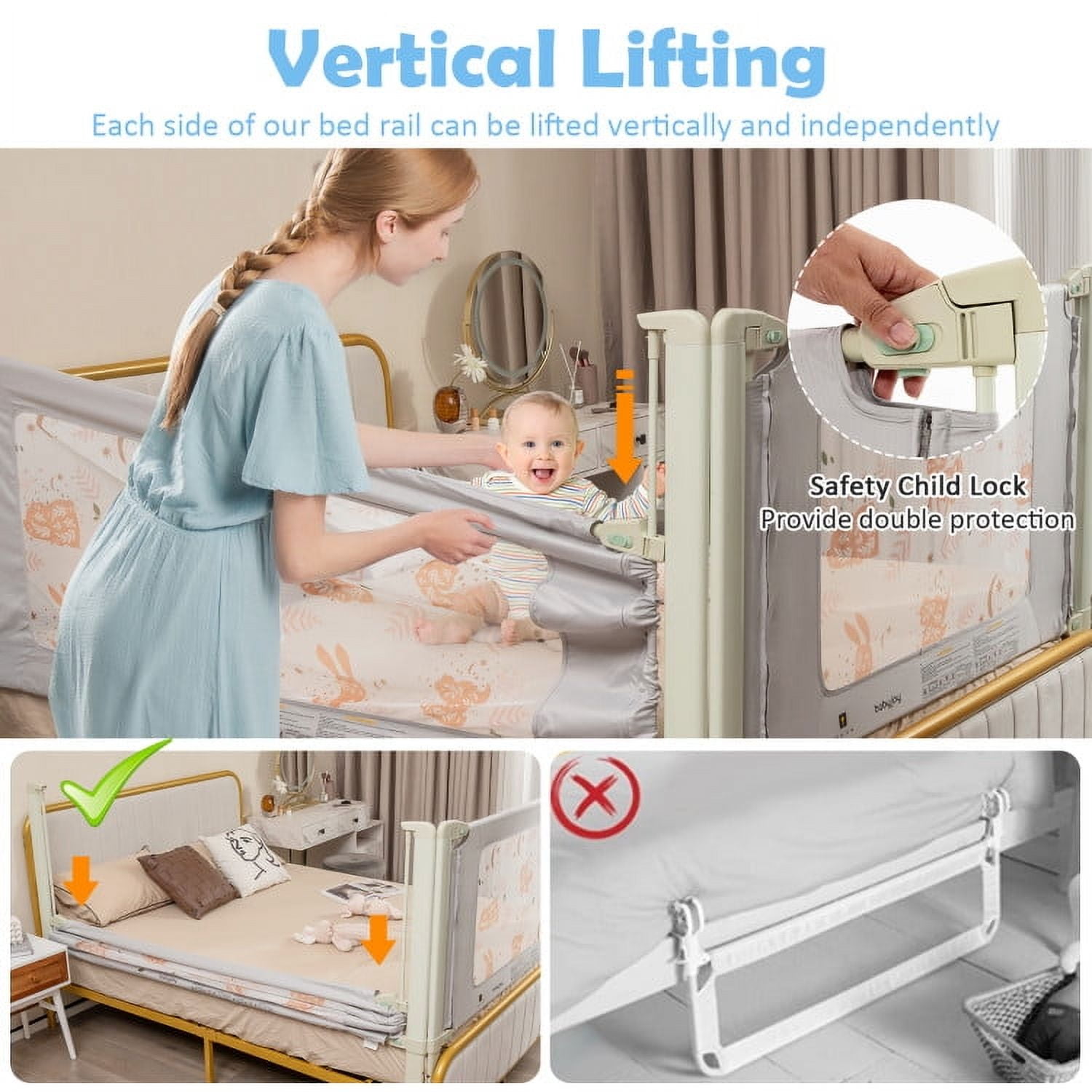 Spaco Vertical Lifting Bed Rail for Toddlers with Double Lock-70 inch, Bed Rail for Queen, King, Twin, and Bunk Size Beds