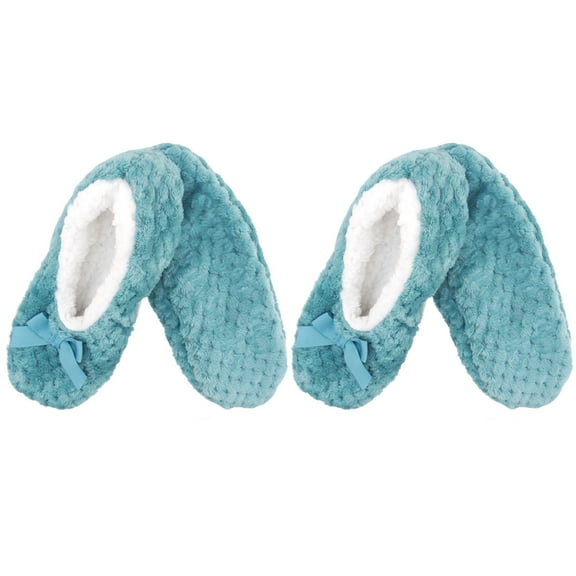BambooMN Adult Women's Super Soft Warm Cozy Fuzzy Furry Slippers Non-Slip Lined Socks - Large - Greenish Blue - 2 Pairs