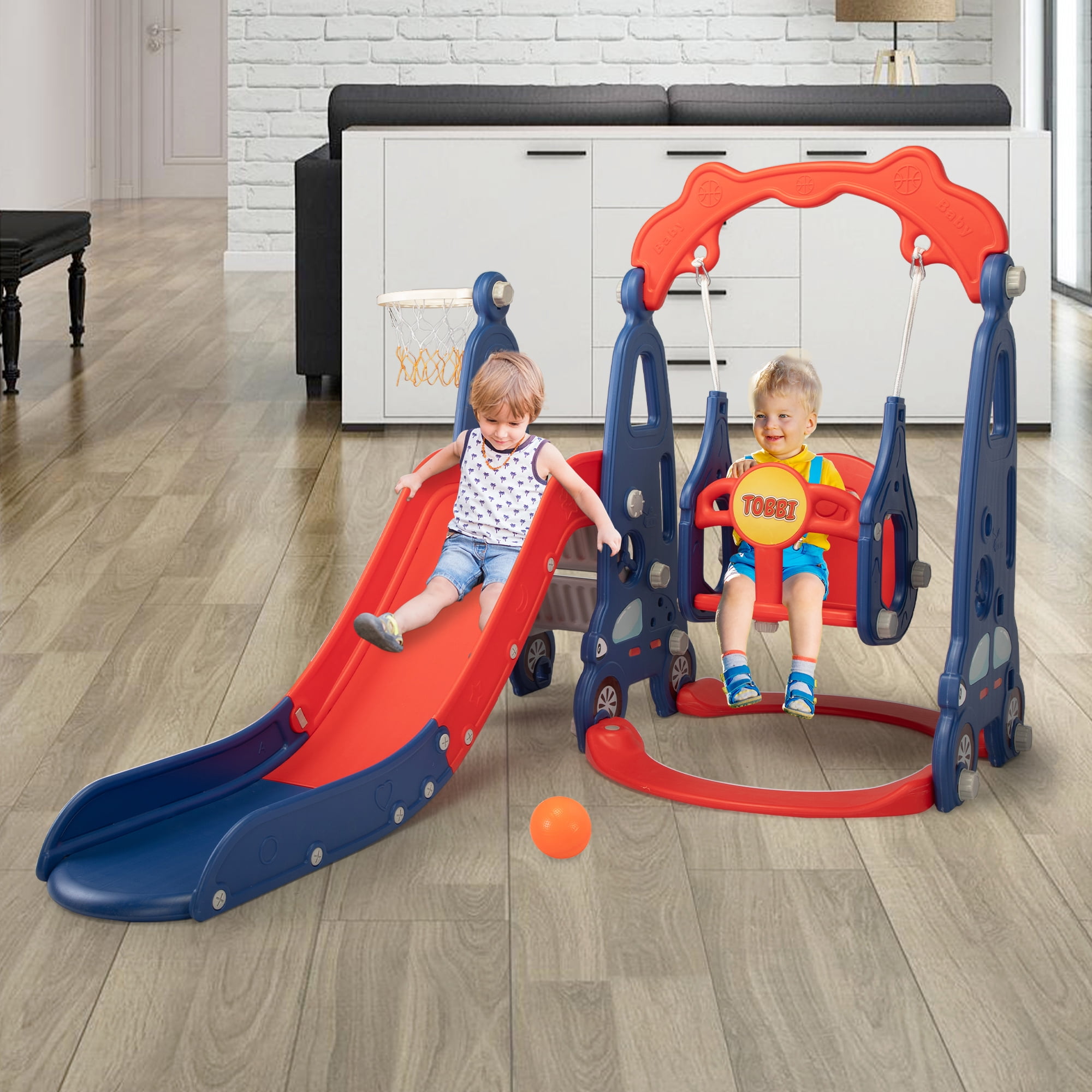 Nyeekoy 4 in 1 Toddler Climber and Swing Set, Play Climber Freestanding Slides Playset for Kids, Indoor Outdoor Playground Toy with Basketball Hoop & Ball
