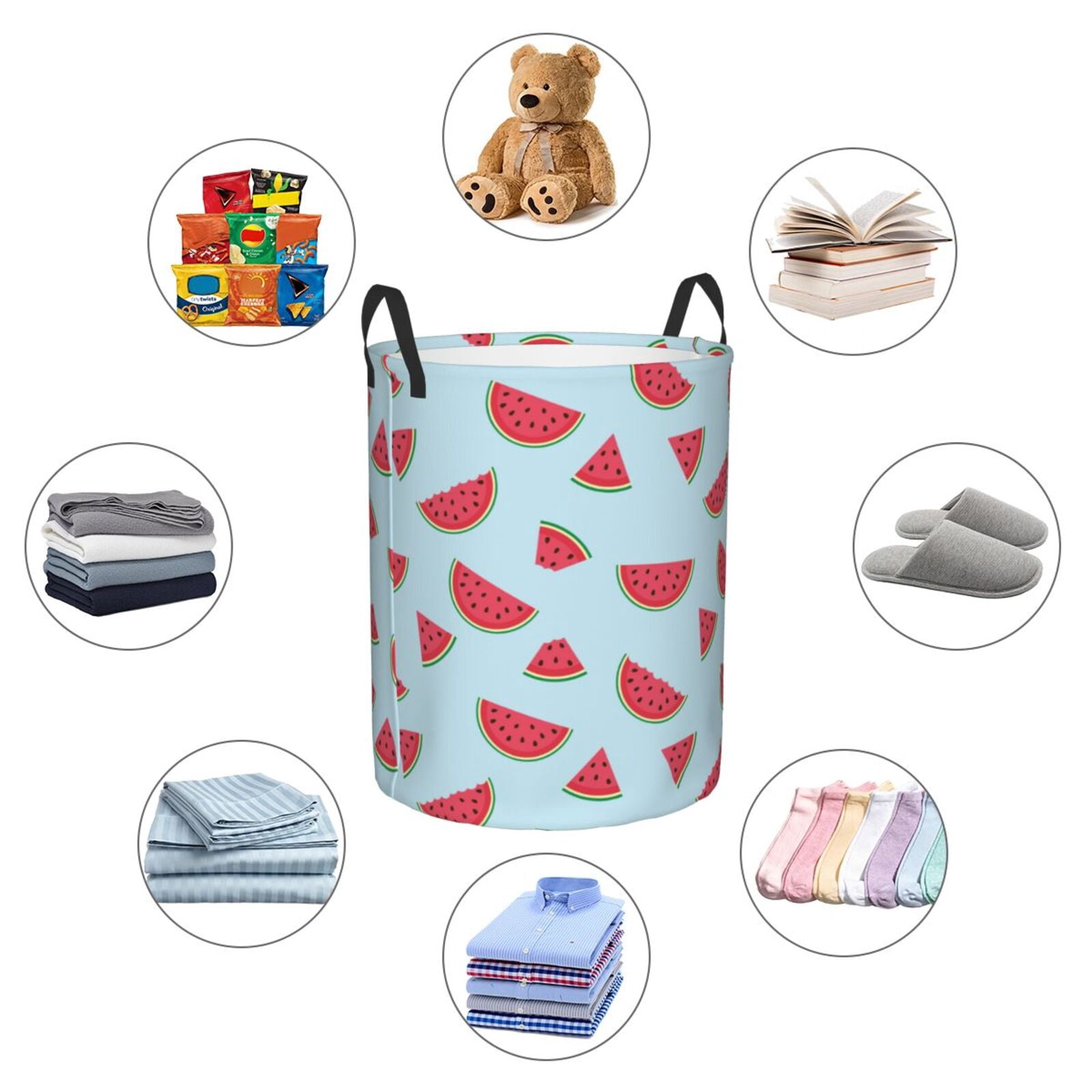 Large Laundry Basket with Handles - Cute Watermelon Light Blue Kids Baby Dirty Clothes Laundry Hamper for Bedroom Aesthetic
