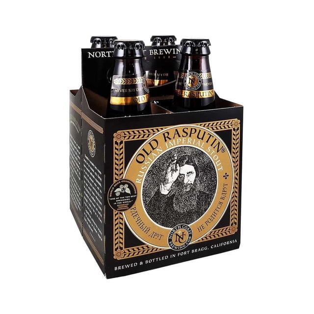 4 pack cerveza Old Rasputin Russian Imperial Stout empaquetado, vista 3/4 frontal de cartón negro y dorado que contiene cuatro botellas de 355 ml; etiqueta circular Old Rasputin visible y texto que indica Russian Imperial Stout, cerveza oscura con maltas tostadas y cacao según especificación. Su tamaño compacto lo hace adecuado para regalos o reuniones informales.