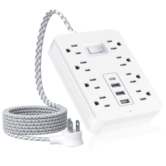 Power Strip with 8 AC Outlets, 3 USB-A, 1 USB-C Port, 10ft Braided Extension Cord, Surge Protector with Overload Protection, Desktop Charging Station for Home, Office, Dorm