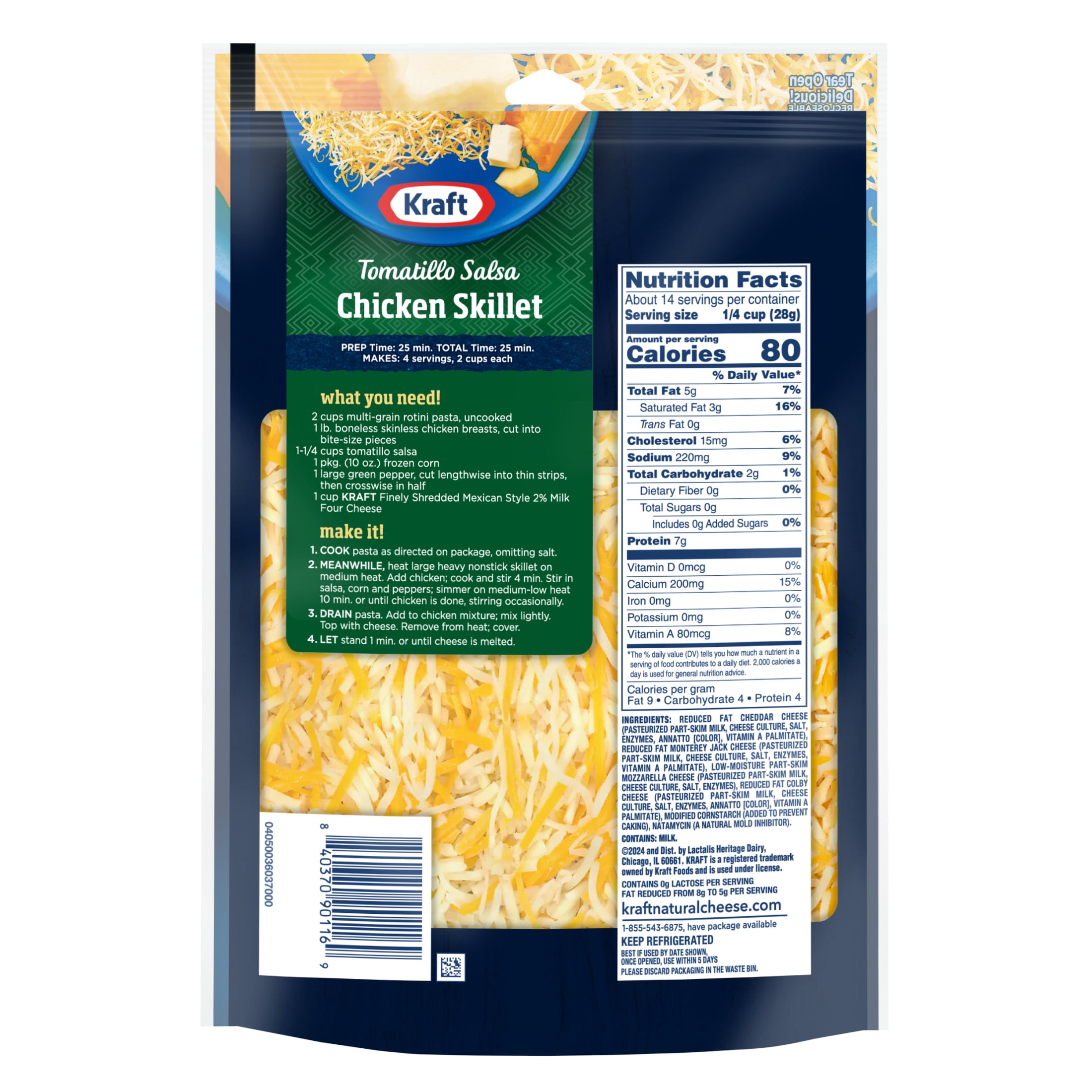 Kraft Natural Reduced Fat Mexican Style Four Cheese Blend Finely Shredded Cheese, 14 oz Bag