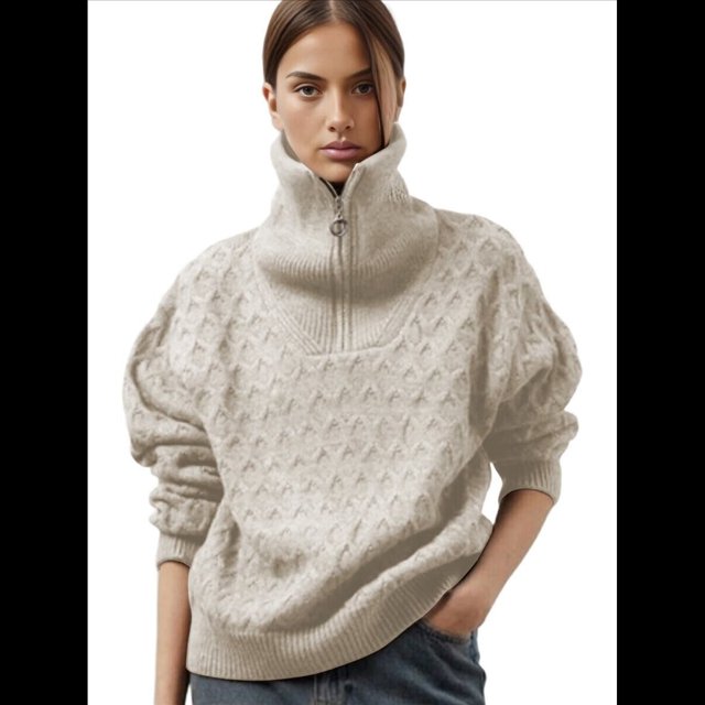 Suéteres de Mujer Otoño Invierno 2025, Jersey Informal de Punto con Cremallera de un Cuarto de Pulgada, Jersey de Punto de Diamante Albaricoque M