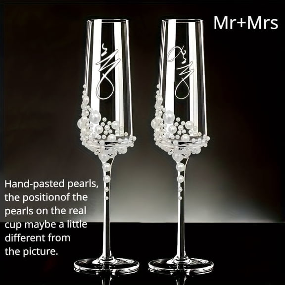10 OZ Wedding Champagne Flutes Set of 2, Mr & Mrs Gifts Wedding Glasses, Pearl Inlaid Bride & Groom Champagne Glass for Bridal Shower Engagement Gifts