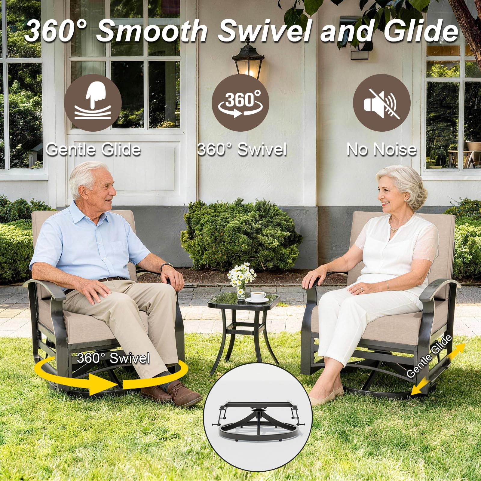 ALAULM 3 Piece Patio Outdoor Aluminum Metal Swivel Rocking Chair with 1 Coffee Table and 2 Khaki Padded Cushions Outdoor Metal Swivel Rocking Chair Furniture Conversation Set for Porch Garden