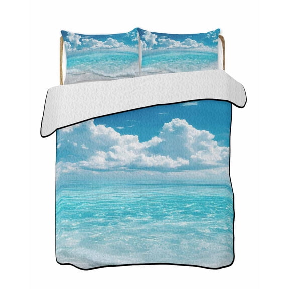 Quilts King Size Bedding Set, Summer Ocean Lightweight Quilted Comforter, Coastal Blue Sky Sea Waves Natural Scenery Soft Reversible Bedspread Coverlet with Pillow Covers for All Season, 96" x 106"