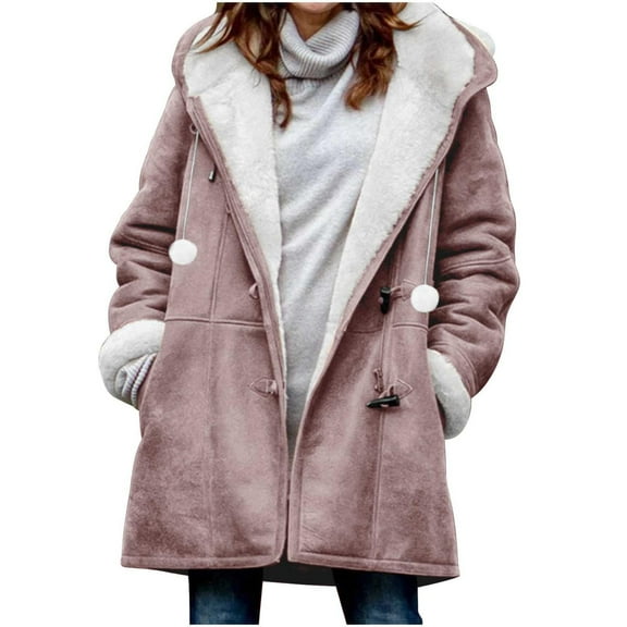 Oksale Plus Size Womens Faux Suede Jackets Trendy Sherpa Linen Fleece Jacket with Hood Horn Button Velvet Overcoat Warm Winter Fashion Tops for Outside Snowfield 2025 Pink M