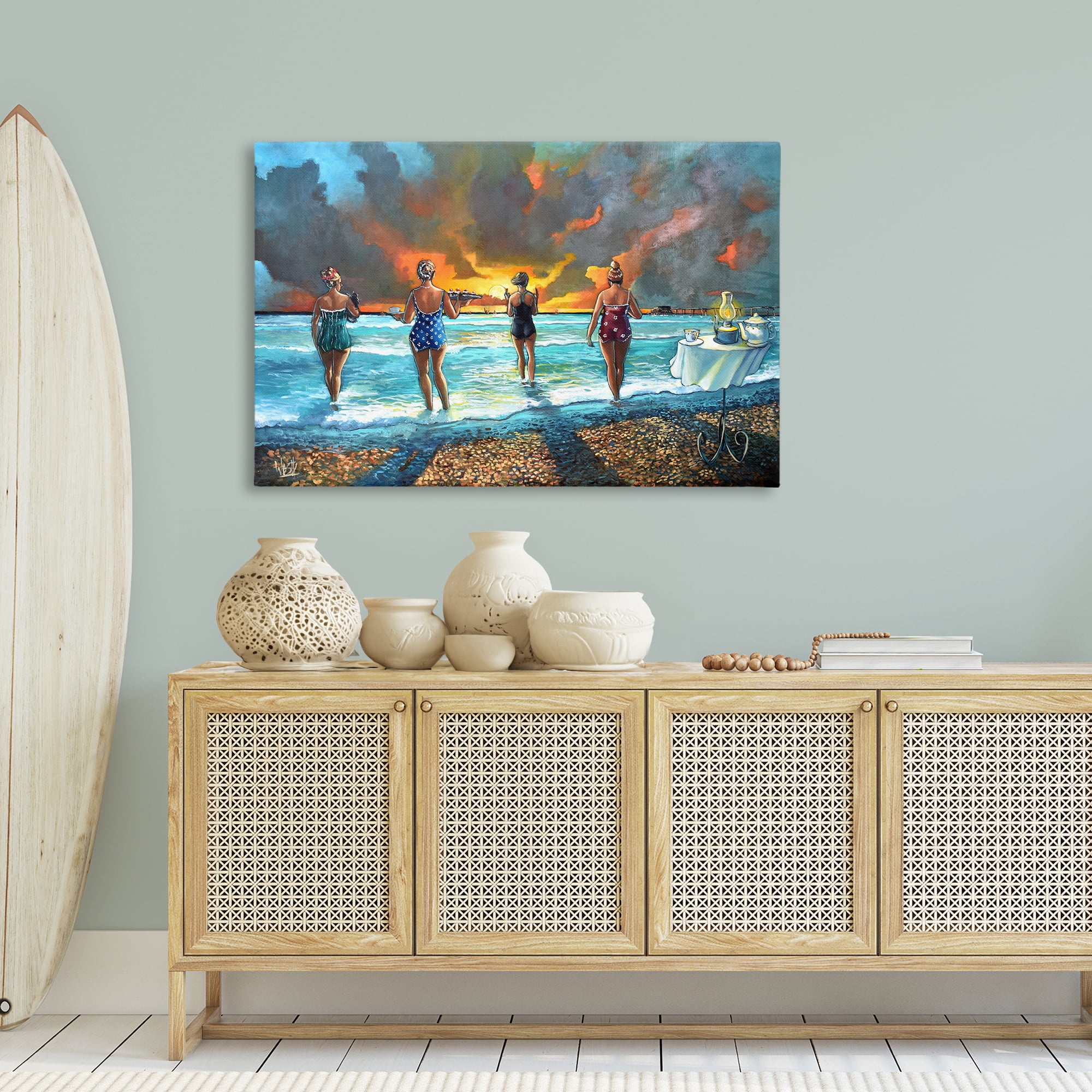 Stupell Industries Elegant Ladies on Beach Novelty Painting Gallery Wrapped Canvas Art Print Wall Art, 45 x 30