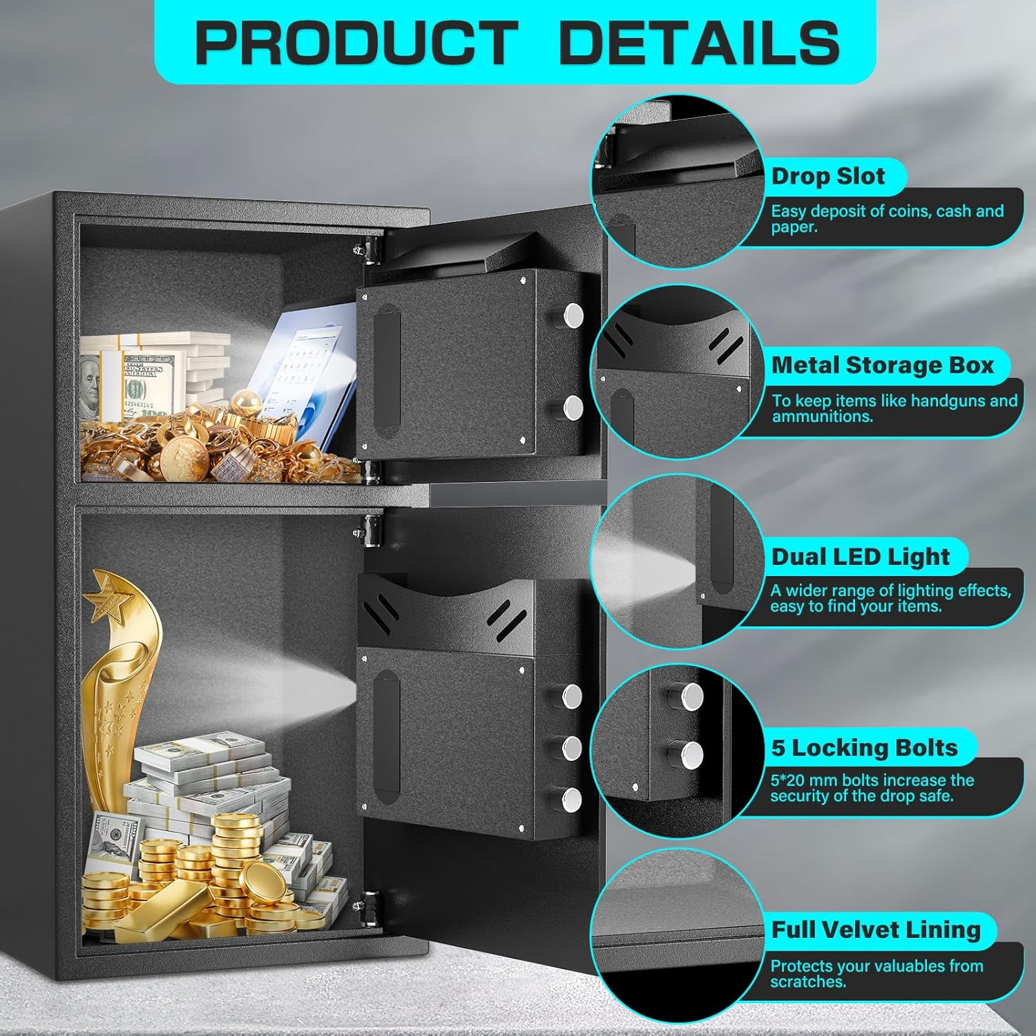 6.0 Cubic Feet Extra Large Fireproof & Waterproof Safe Box with Backlit Touch Keypad & Drop Slot, Durable Electronic Coin Safe for Home, Drop Safe with Fireproof Waterproof Bag