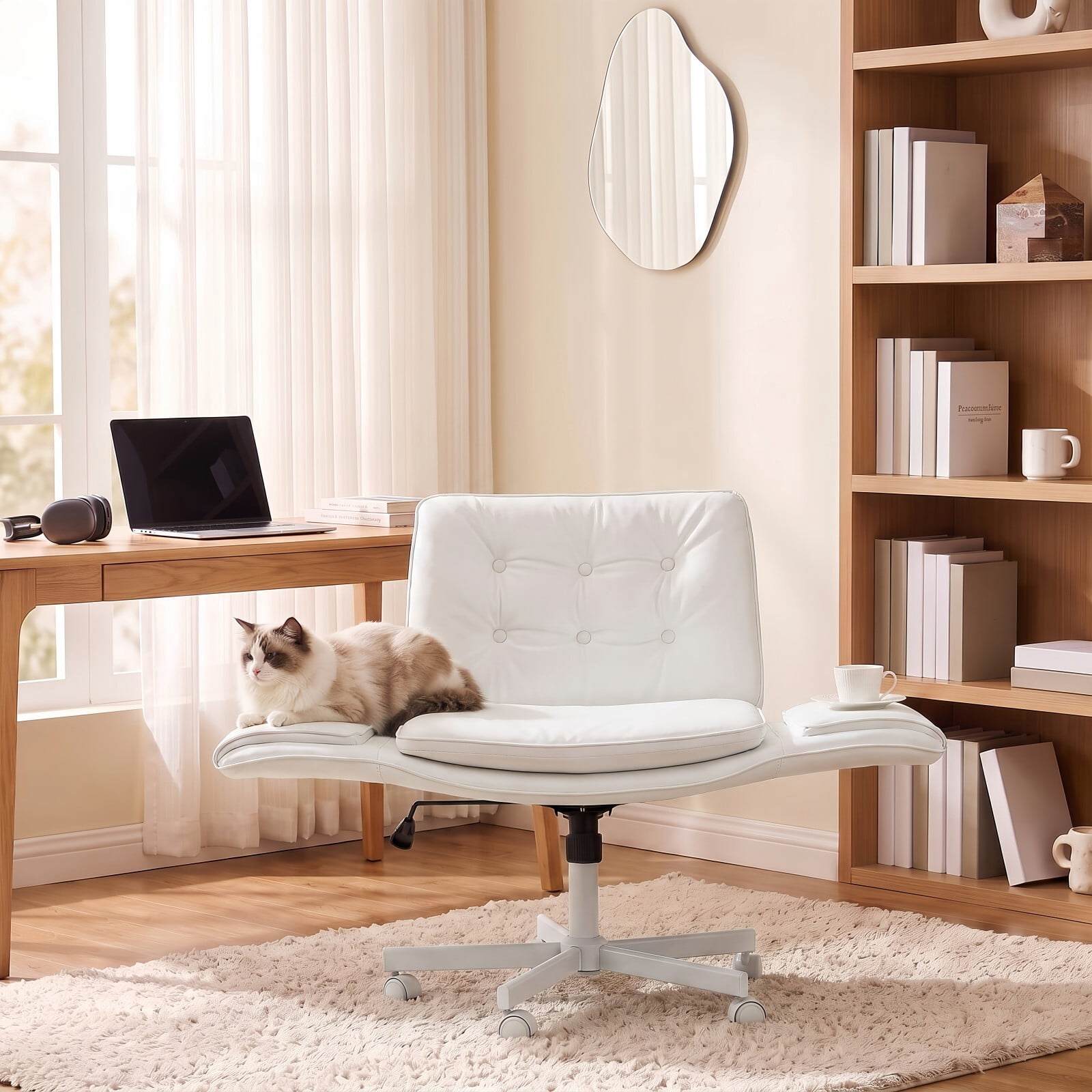 Kelno Criss Cross Office Chair with Wheels Armrests 300lbs Capacity Height Adjustable PU Leather Wide Desk Chair Swivel Vanity Chair, White