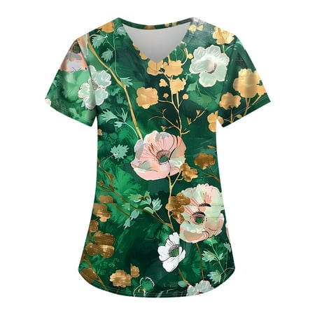 

Dorkasm Scrub Top with Pockets Scrubs V Neck Short Sleeve Floral Women Blouse Loose Fit Uniforms Tops for Dark Green M