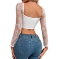 thumbnail image 6 of Seyurigaoka Women Summer Sexy Crop Tops, Long Sleeve V Neck See-through Lace Patchwork Navel Vest, 6 of 7