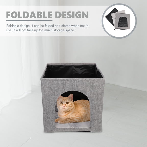 ETEREAUTY Foldable Grey Linen Cat House - Multi-Function Indoor Outdoor Comfortable Pet Sleeping Bed
