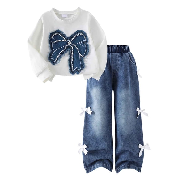 Girls Outfits Casual Long Sleeve Crewneck Sweatshirt And Wide Leg Denim Pants with Girls' Clothing Sets Size 4-8