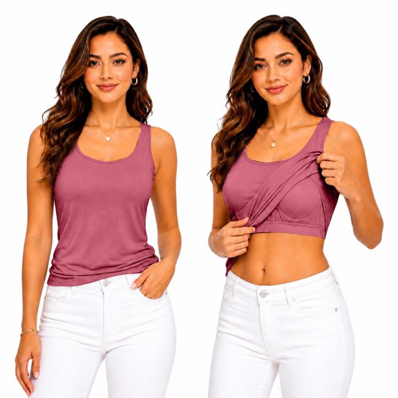 No Bra Needed Tank Tops for Women Padded Wide Strap Scoop Neck Sleeveless Cami Basic Sports Yoga Vest, 2XL
