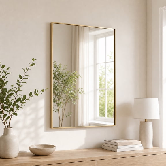 CONCETTA 22"x30" Gold Bathroom Mirror, Brushed Aluminium Framed, Rectangle with Square Corner for Wall Home Decor Modern Style