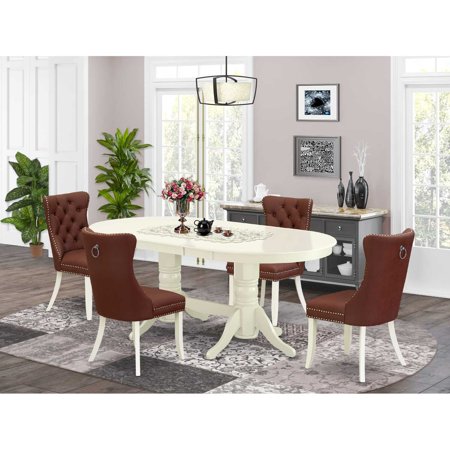 HomeStock 5 Piece Dinette Set Contains An Oval Dining Table With Classic Comfort Leaf And 4 Upholstered Chairs Linen White