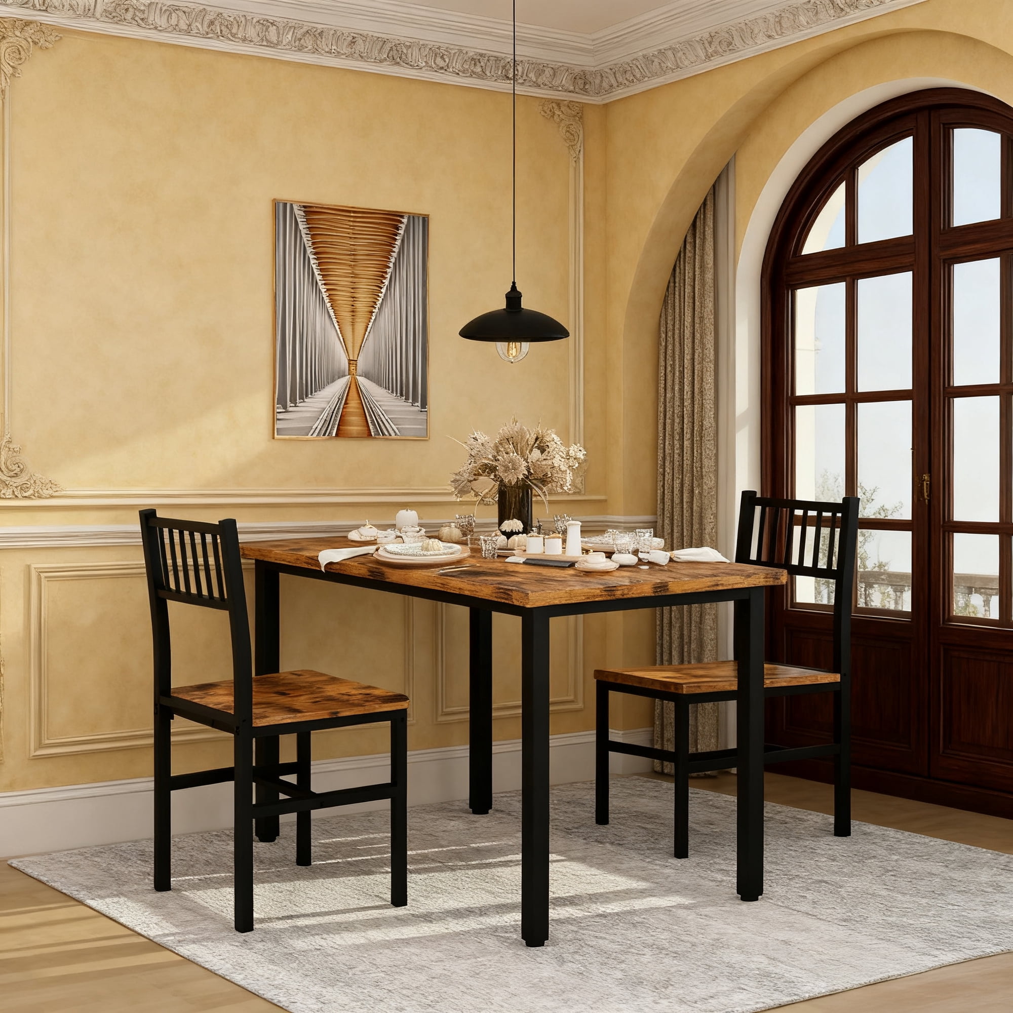 Lamerge 3 Piece Dining Table Set, Industrial Kitchen Table and 2 Chairs with Metal Frame, Dining Room Table Set, Breakfast Table Set for Small Space, Dining Room, Kitchen, Rustic Brown