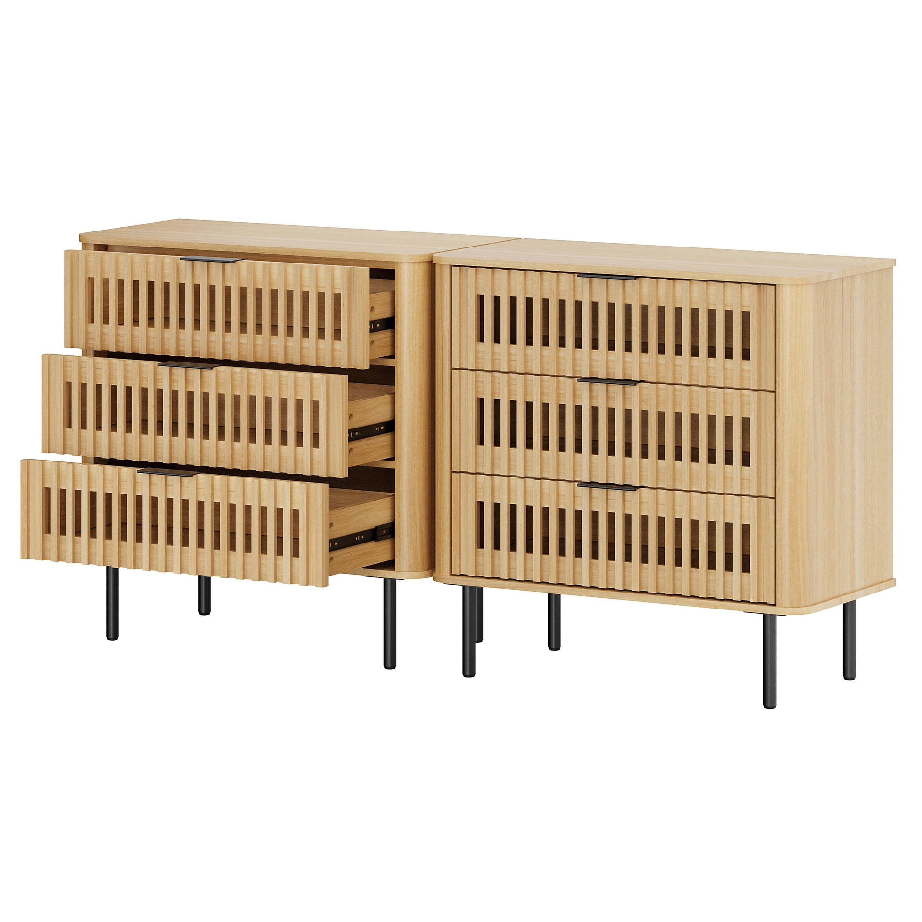 63"W Sideboard Buffet Cabinet with Storage, Fluted Kitchen Buffet Storage Cabinet with 6 Drawer, Large Coffee Bar Cabinet, Modern Buffet Table for Dining Living Room, Oak