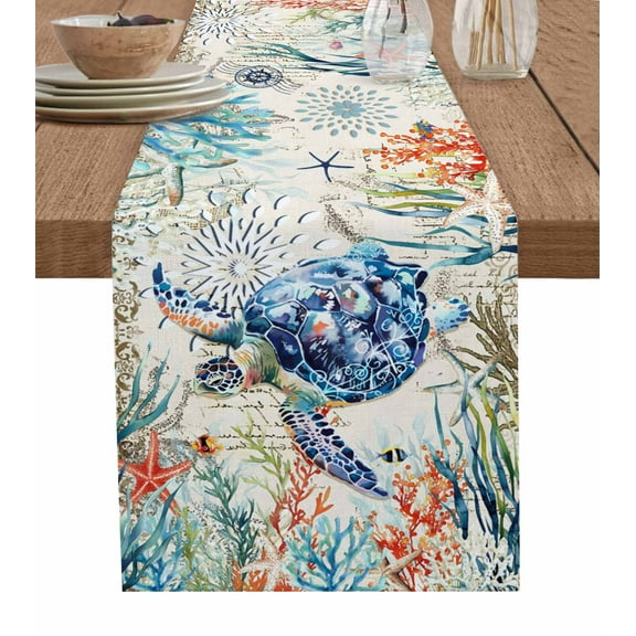 Coastal Sea Turtle Table Runner Cotton Linen 48 Inch Holiday Dresser Scarves, Rustic Vintage Nautical Starfish Coral Tablerunner for Kitchen Coffee Dining Bedroom Dinner Scarf Décor 13''x48''