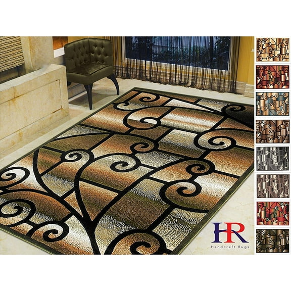 Handcraft Rugs-Modern Contemporary Living Room Rugs-Abstract Carpet with Geometric Swirls Pattern-Sage Green/Mocha/Black/Ivory/Brown (8x10 Feet)