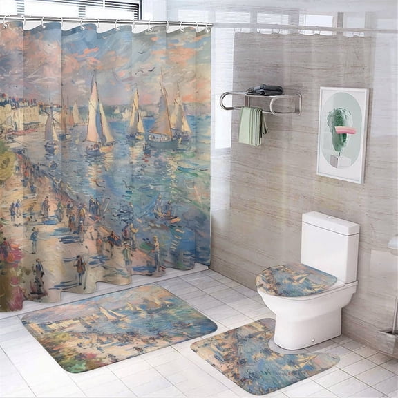 Shower Curtain Sets with Rugs 4 Piece Fishing Boats Leaving The Harbor with Rugs Toilet Lid Cover And Bath Mat Sea Sailboat Wave Ocean Sea Ship Trip Shower Curtain with 12 Hooks