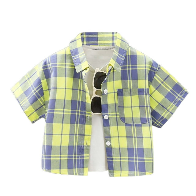 GDREDA Not Dressed for Boys Shirt Small And Medium Sized Children's Fashion Shirt With Collared Front Checkered Short Sleeves And Button Fastening. Light Yellow,2-3 Years