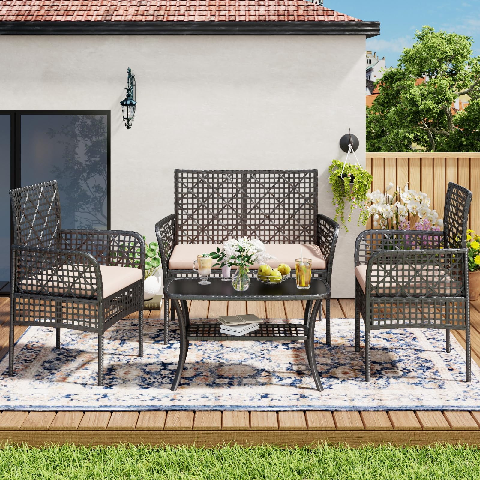 Tappio 4 Piece Outdoor Rattan Furniture Patio Conversation Set, Wicker Sofa Outdoor Patio Sets with Cushions and 2-Tier Table for Yard, Pool or Backyard, Beige
