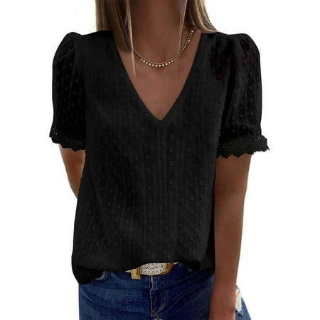 SANSIWU Women s V-Neck Tops Swiss Dot Lace Short Sleeve T Shirts Babydoll Loose Fit Casual Blouse