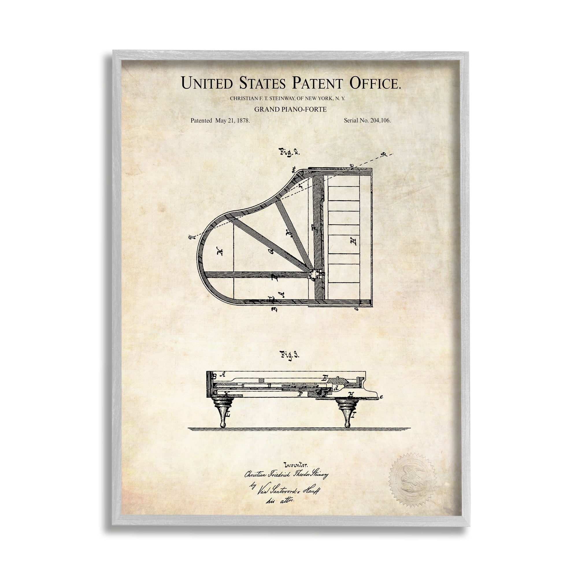 Stupell Industries Grand Piano Detailed Vintage Diagram Blueprint Instrument Framed Wall Art, 11 x 14, Design by Karl Hronek