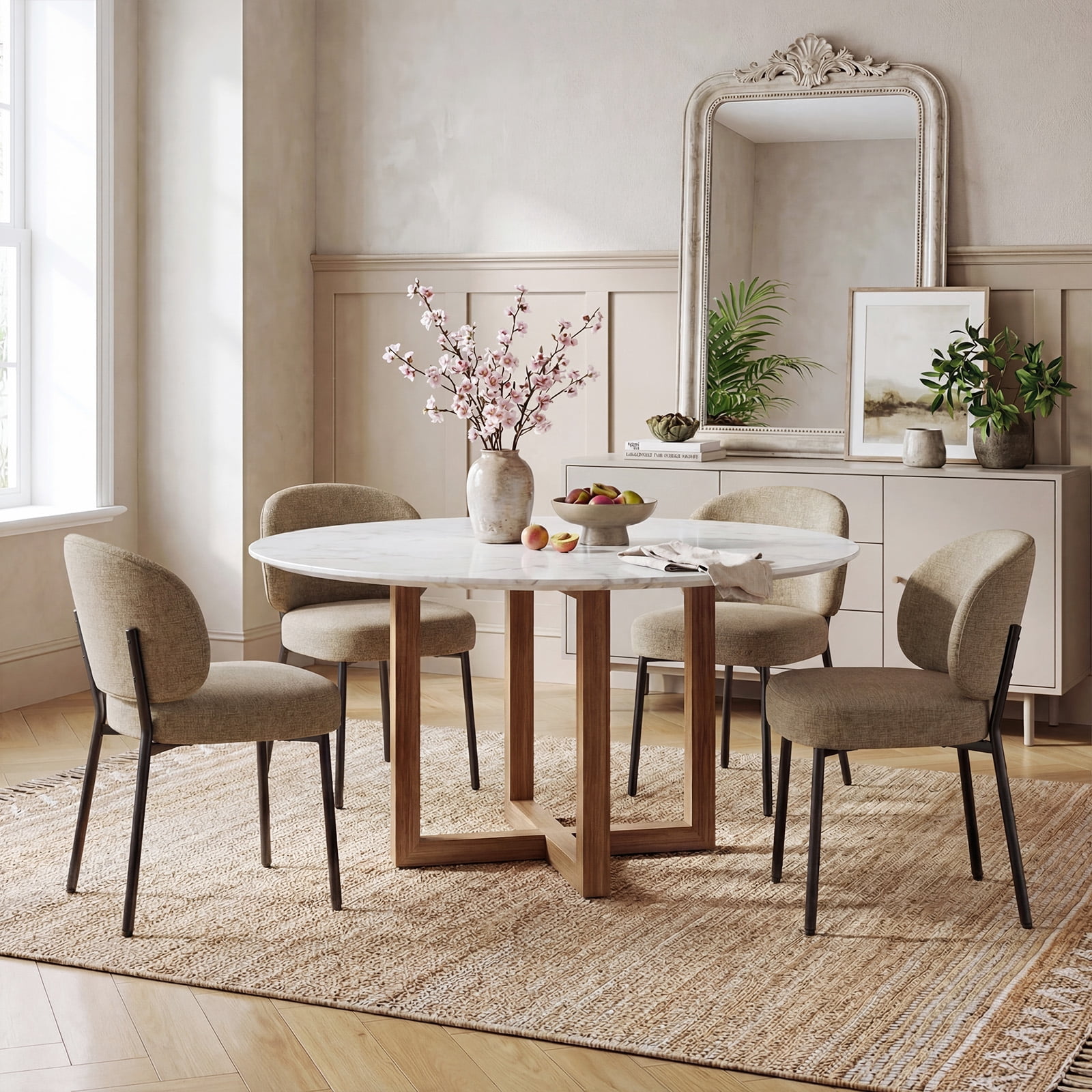 Set of 6 Upholstered Modern Dining Chairs, Mid Century Kitchen Chairs with Curved Backrest and Metal Legs for Dining Room, Living Room, Camel