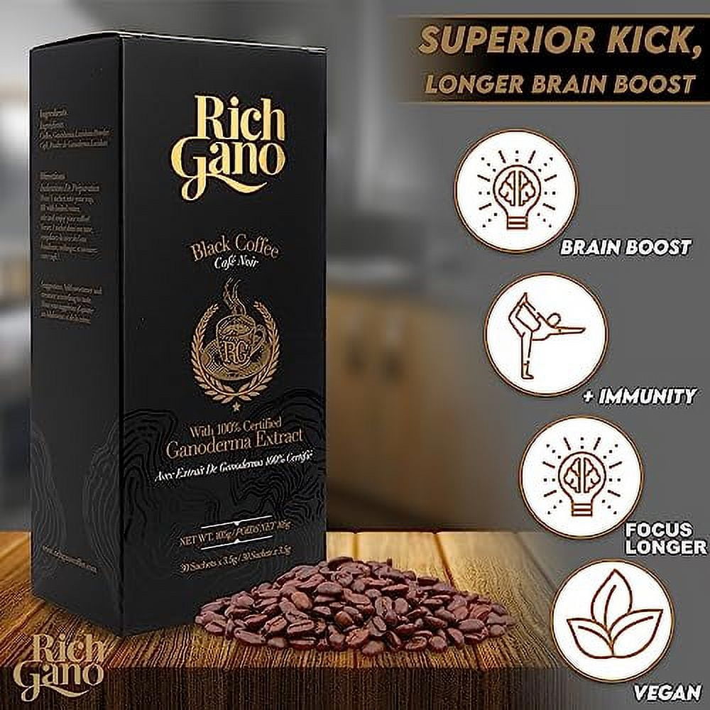 Mushroom Coffee – 30 Sachets Black Coffee With Ganoderma Extract – All Natural Vegan Friendly Coffee Packets – Zero Jitters Immune Support Ganoderma Coffee