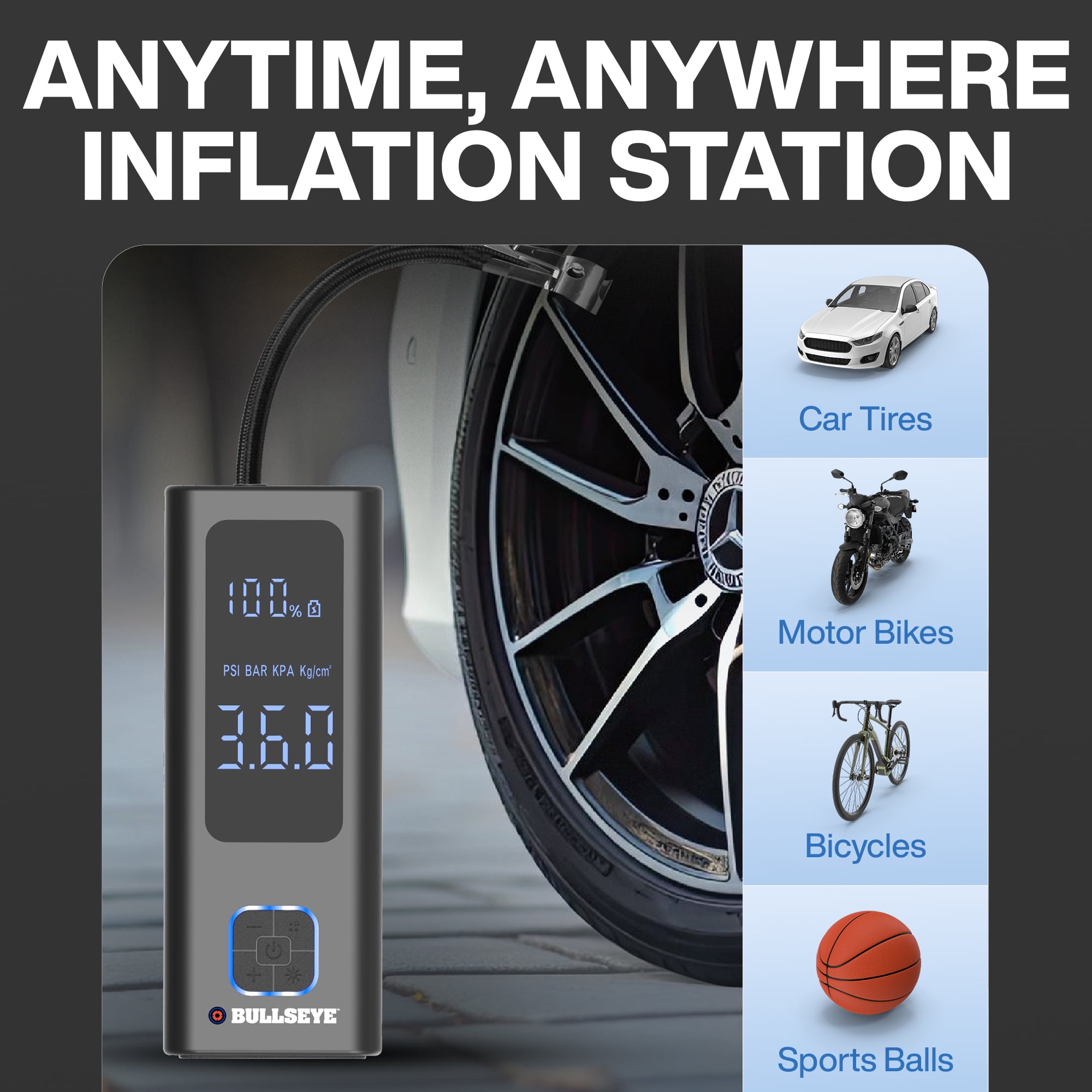 Bullseye Pocket Air Tire Inflator Powerbank 100 PSI Electric Air Compressor Portable Pump for Car Bike LED Pressure Gauge