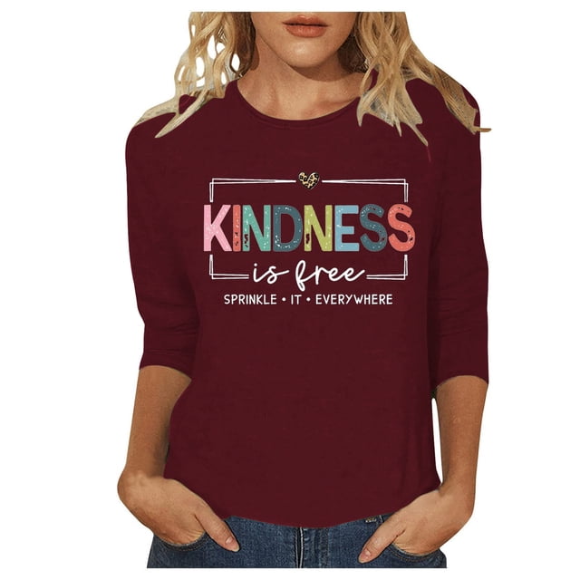T-shirt Décontracté pour Femme à Col Rond avec Imprimé de Lettres, Manches 3/4
