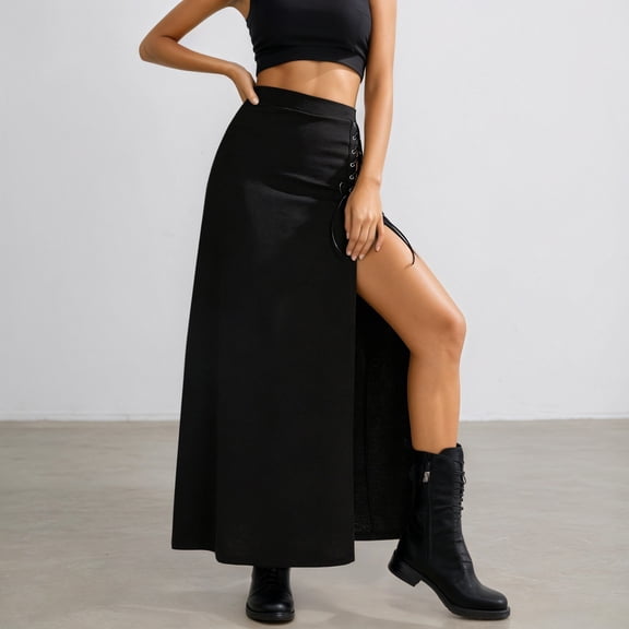 Black Gothic Punk Maxi Skirt for Women High Waist Split Long Bodycon Skirts (Black L)