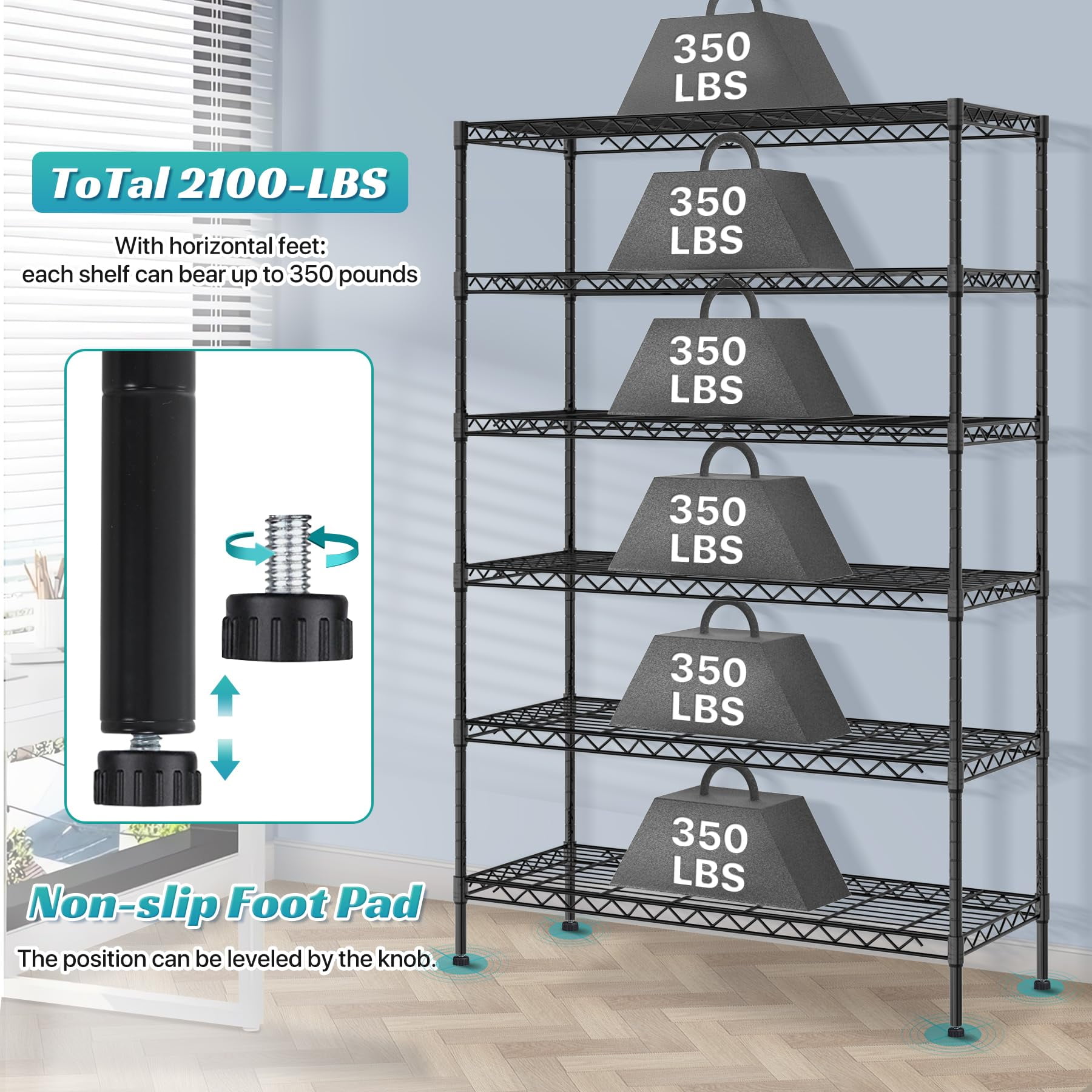 6-Tier Storage Shelves 45" x 18" x 82" Heavy Duty Metal Shelving Unit 2100Lb Capacity Adjustable Storage Racks with Wheels for Basement Commercial, Black