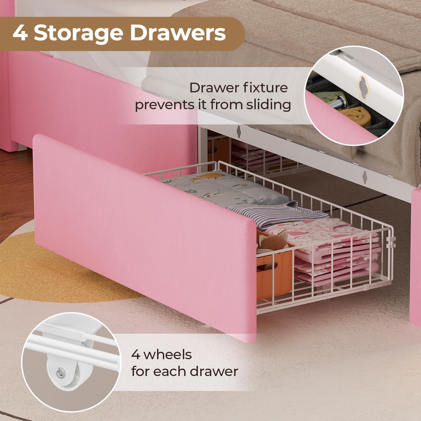 AMUZER Twin Size Princess Bed Frame with 4 Storage Drawers,Headboard with LED Lights & Charging Station, Girl Upholstered Bed,No Box Spring Needed, Easy Assembly, Pink