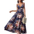 thumbnail image 1 of Vestido largo CUPSHE para mujer, cuello en V, cuello en V, sin mangas, azul marino, floral, 1 of 5