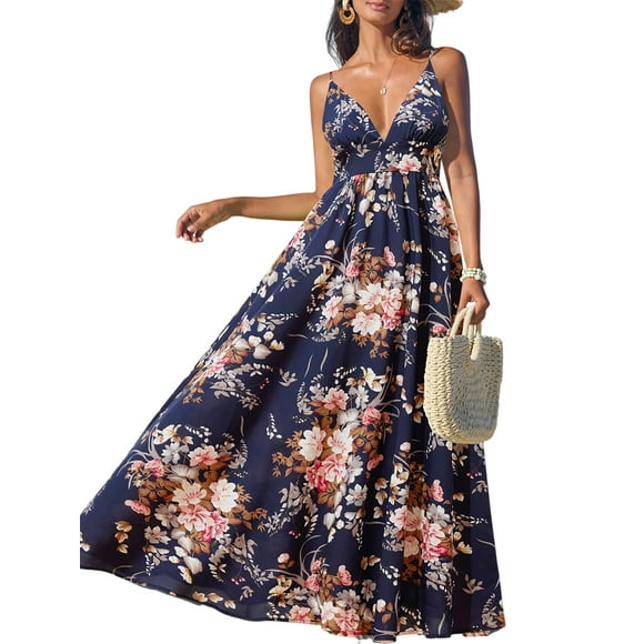 Vestido largo CUPSHE para mujer, cuello en V, cuello en V, sin mangas, azul marino, floral