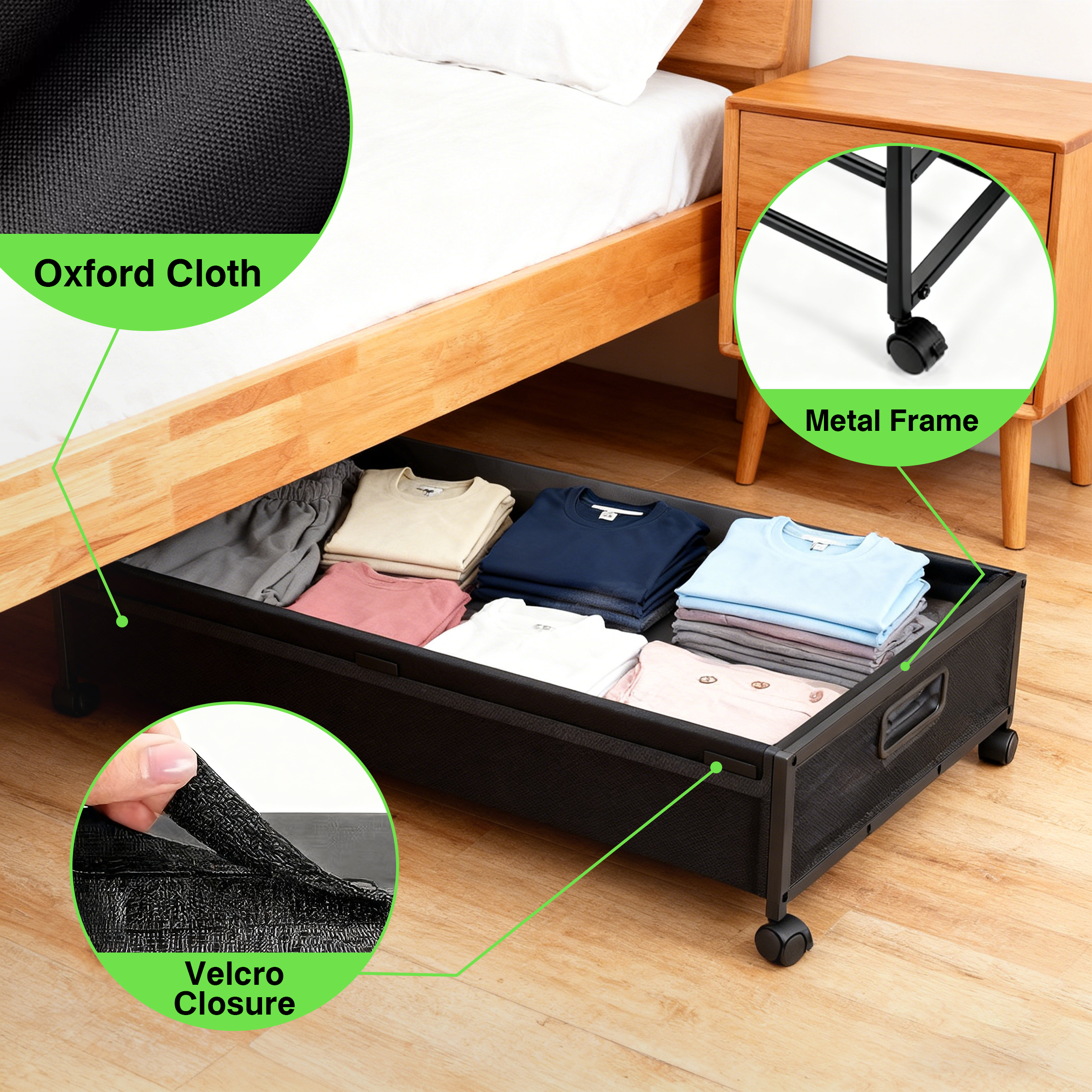 cisilov Under Bed Storage Containers with Wheels, 2 Pack Underbed Shoe Storage Organizer with Clear Lids, Rolling Under Bed Metal Drawers for Clothes, Blankets, Black
