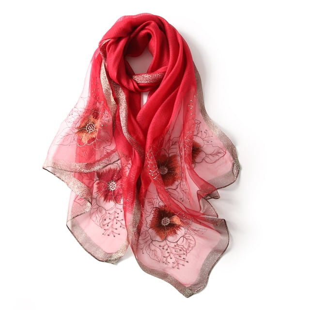 Bufanda de seda morera para mujer, larga y grande, con estampado floral bordado, chal y pañuelo para el cuello y el cabello